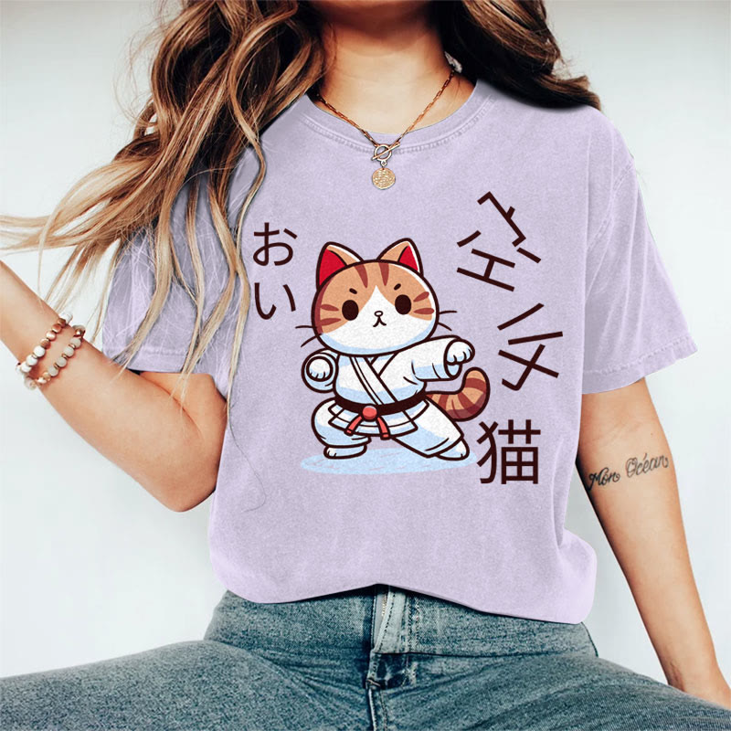 100% Cotton Women's Japanese Taekwondo Cat Art Print Casual T-shirt - Purple - 2XL - image 3