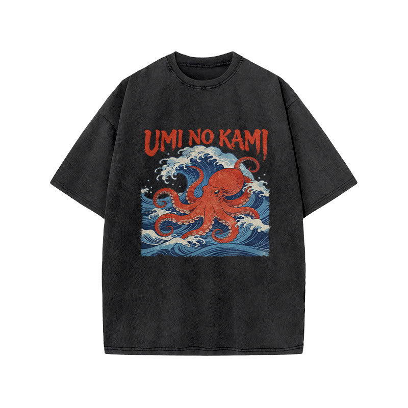 Japanese Ocean Wave Octopus Print Acid Washed T-shirt - Black - US20-22(3XL) - image 4