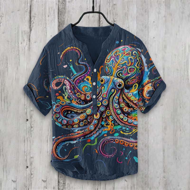 Vintage Rainbow Octopus Art Print Shirt - Blue - 5XL - image 5