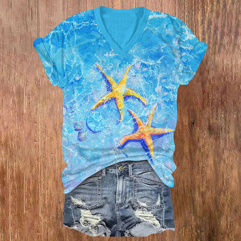 Vintage Cute Starfish Art Print V-neck T-shirt - Sky Blue - US32-34(5XL) - image 4