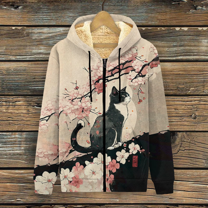 Japanese Art Style Floral Cat Print Fleece Jacket - Khaki - 4XL - image 1
