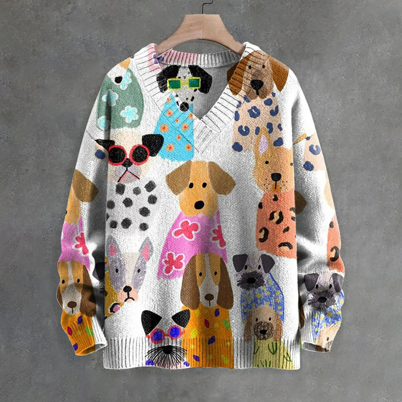 Colorful Fun Cartoon Puppy Print Causal V-neck Pullover Unisex Sweater - image 3