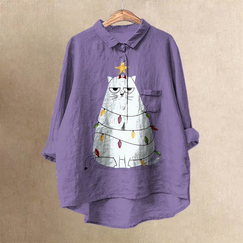 Funny Cat And Christmas Decoration Graphic Print Casual Lapel Blouse - Purple - 6XL - image 2