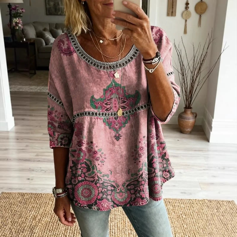 Boho Ethnic Totem Print Openwork Lace Splicing Round Neck Half Sleeve Blouse - Rose - 4XL - image 4
