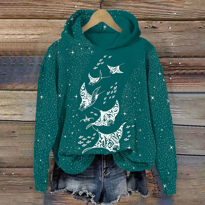 Retro Ethnic Manta Ray Starry Sky Art Print Long Sleeve Hoodie - Lake Blue - 8XL - image 3