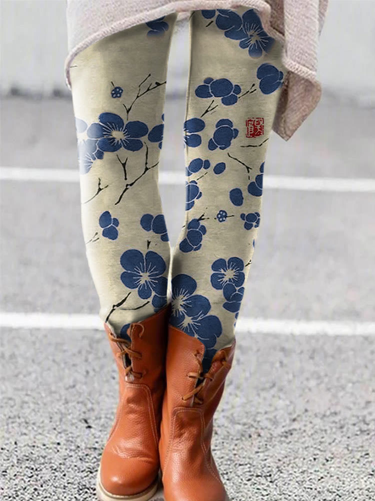 Dashingsoul Cherry Blossom Japanese Lino Art Vintage Leggings