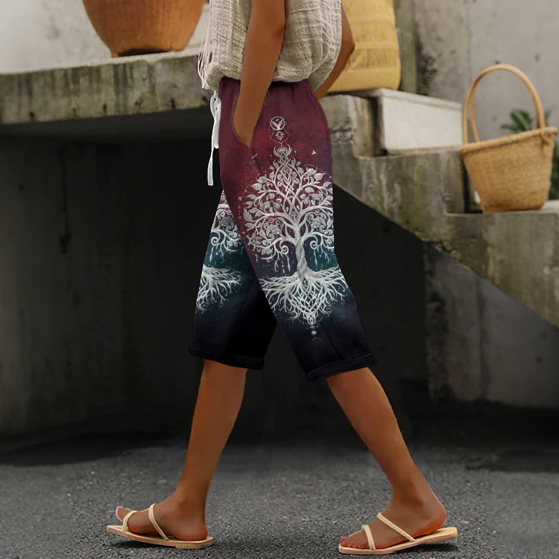Boho Tree Of Life Casual Pocket Mid Short Pants  - Wine - US 24 (4XL) - image 1