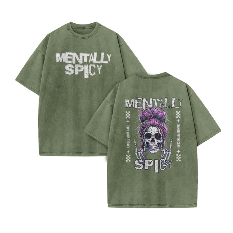 Mentally Spicy Skull Print Acid Washed T-shirt - Army Green - US20-22(3XL) - image 8