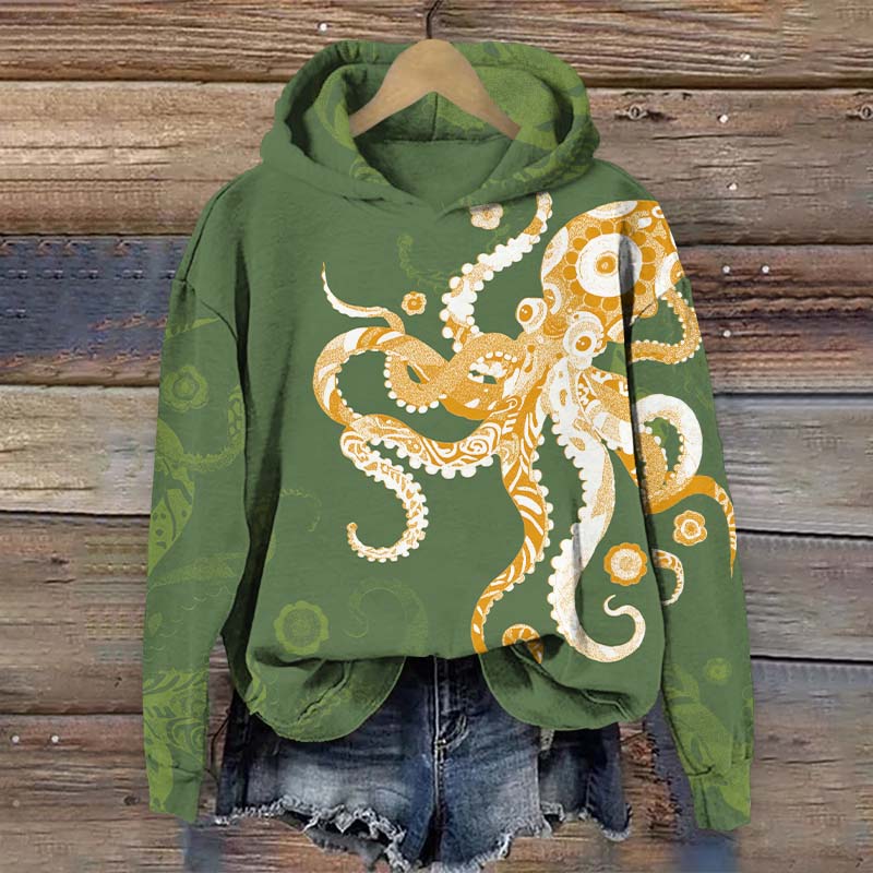 Funny Abstract Floral Pattern Octopus Print Long Sleeve Hoodie - Green - US44-46(8XL) - image 3