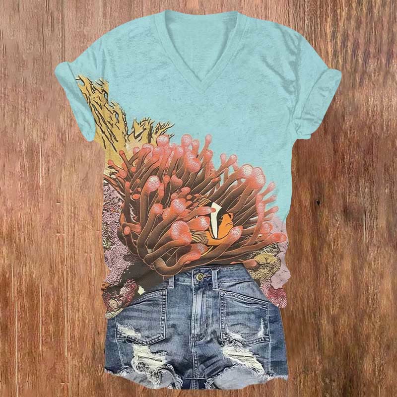 Ugly Fish Hiding In Coral Art Print V-neck T-shirt - Sky Blue - US32-34(5XL) - image 5