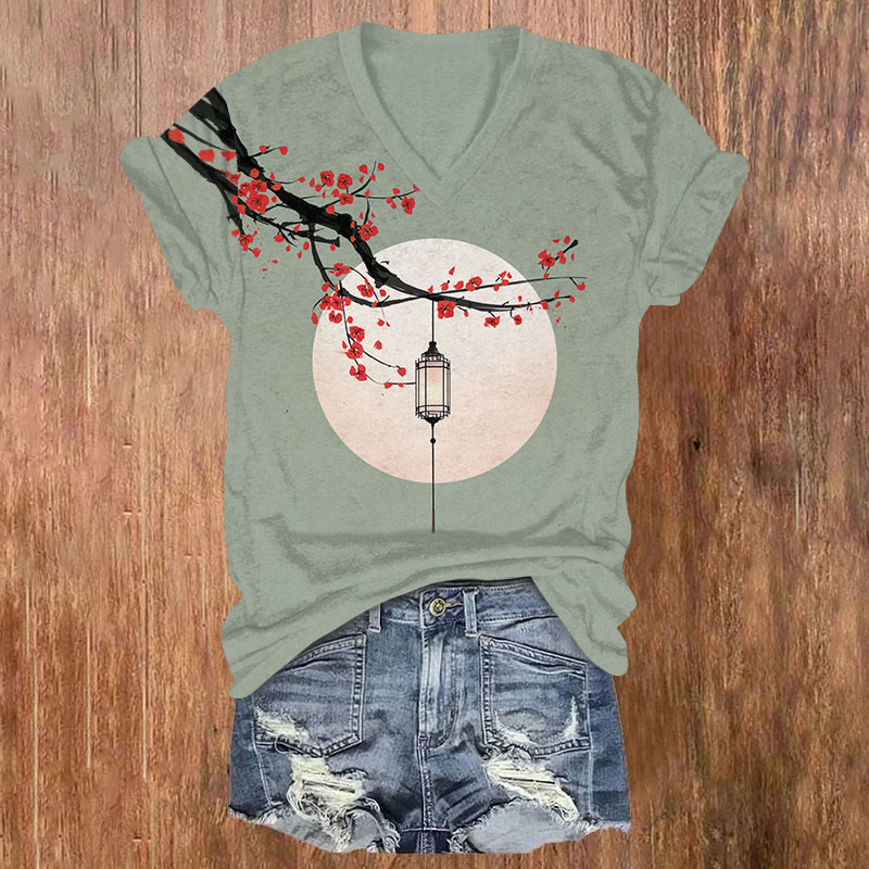 Japanese Ink Painting Plum Blossom Lantern Print V-neck T-shirt - Light Green - US32-34(5XL) - image 4