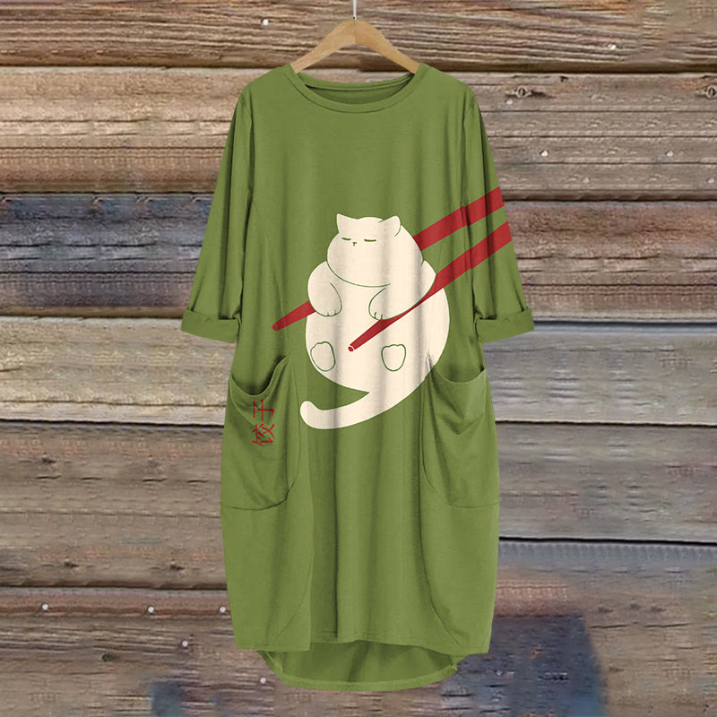 Cat Dumpling Art Print Crew Neck Casual Dress