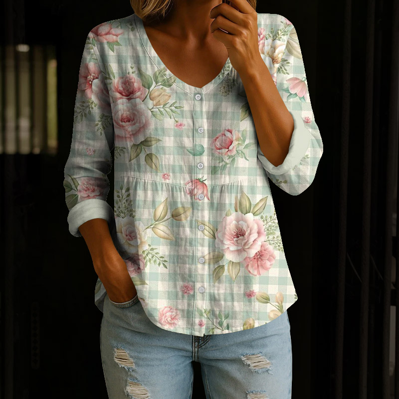 Vintage Rose Blossom Plaid Art Print Button V-neck A-line Long Sleeve Blouse - Green - 4XL - image 1