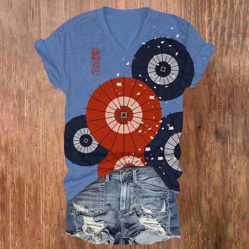 Japanese Sakura Oil Paper Umbrella Art Print V-neck T-shirt - Blue - US32-34(5XL) - image 2