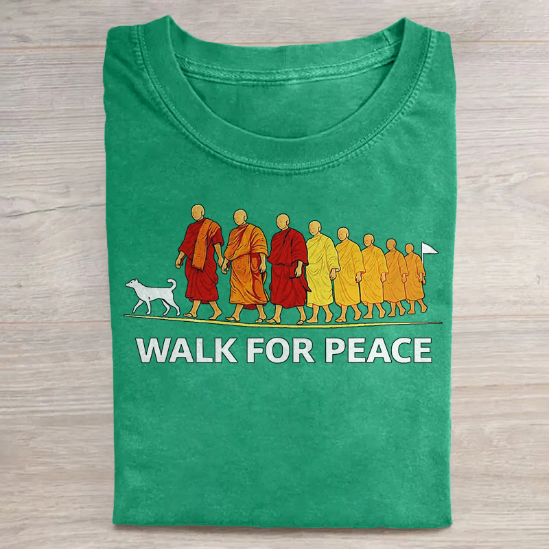 unisex Walk for Peace Monk Pattern Art Print Acid Washed T-shirt - Green - US20-22(3XL) - image 9
