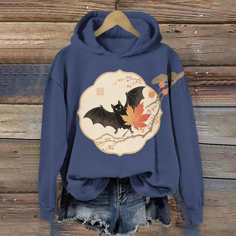 Halloween Bat On Maple Tree Branch Print Long Sleeve Hoodie - Blue - US44-46(8XL) - image 3