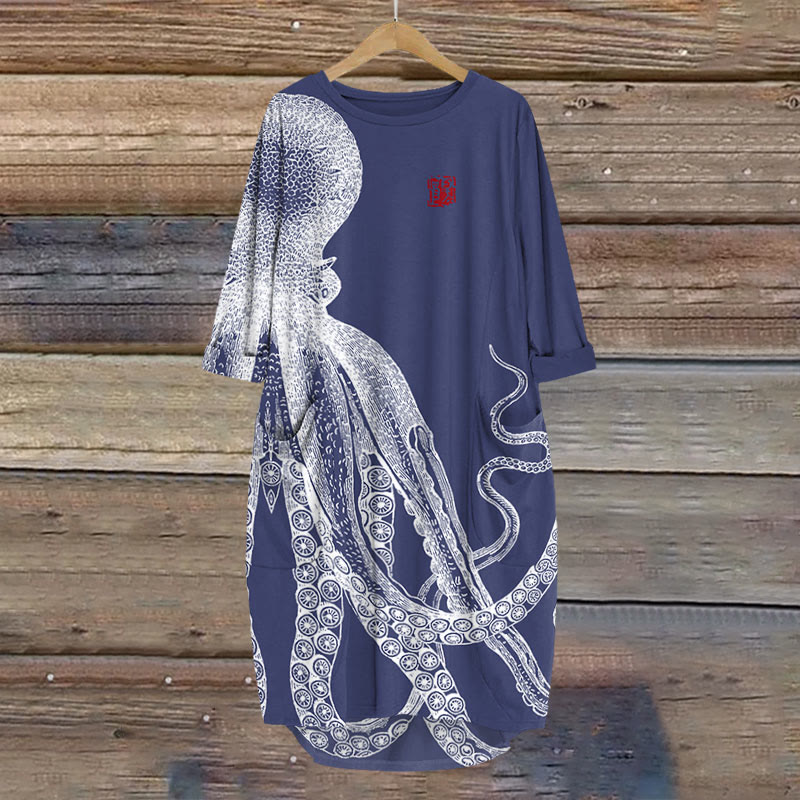Japanese Art Octopus And Crab Print Crew Neck Dress - Navy Blue - 8XL - image 3