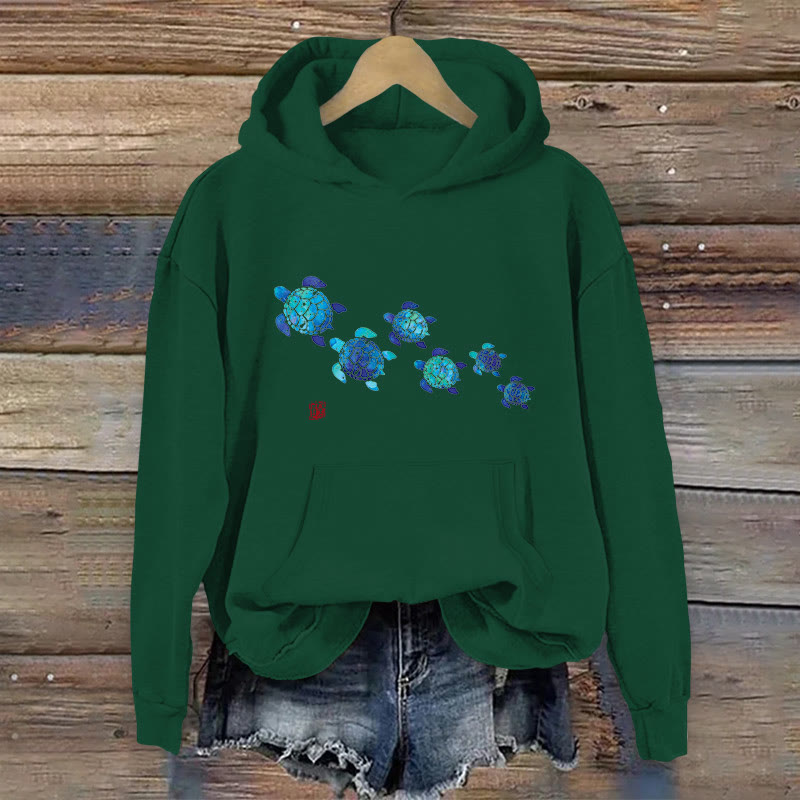 100% Cotton Cute Sea Turtle Print Women's Hoodie - Green - 2XL - image 5