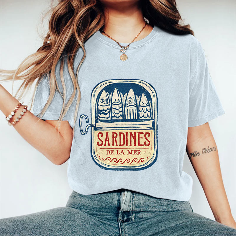100% Cotton Women's Japanese Canned Sardines Art Print Casual T-shirt - Blue - 2XL - image 8