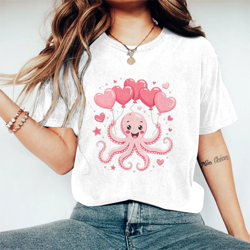 100% Cotton Valentine's Day Octopus Heart T-shirt - White - 2XL - image 2