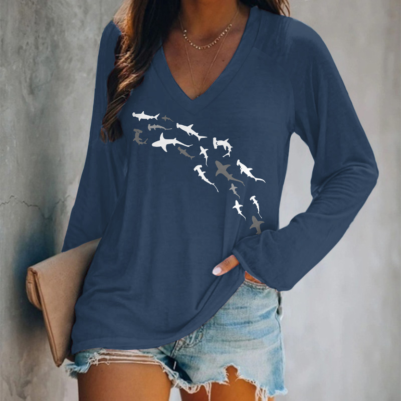 Shark Print V-neck Long Sleeve T-shirt