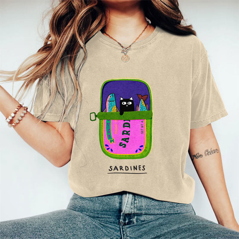 100% Cotton Women's Lovely Black Cat & Sardines Art Print Casual T-shirt - Khaki - 2XL - image 3