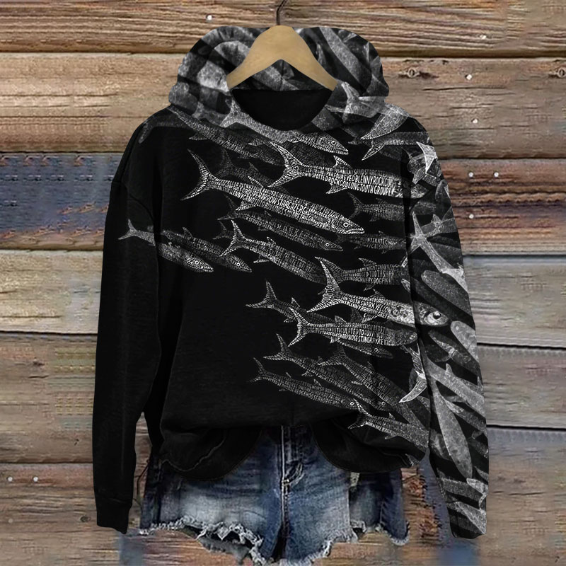 Contrasting Color Art Fish School Print Long Sleeve Hoodie - Black - 8XL - image 1