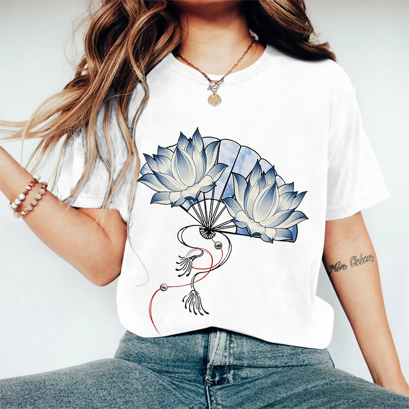 100% Cotton Women's Japanese Style Blue Flower Fan Art Print Casual T-shirt - White - 2XL - image 6