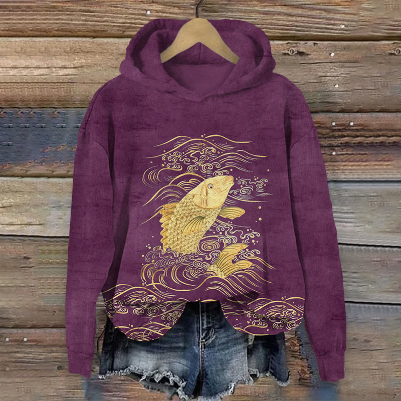 Japanese Gold Fish With Wave Print Long Sleeve Hoodie - Purple - US44-46(8XL) - image 4