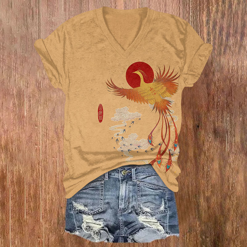 Phoenix Print V-neck T-shirt - Orange - Green - image 3
