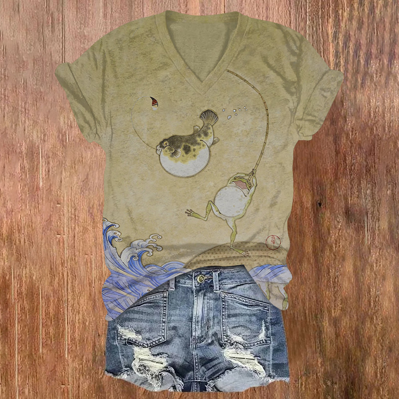 A Whimsical, Japanese-style Frog Fishing Printed Short Sleeved V-neck T-shirt - Olive Green - US32-34(5XL) - image 1