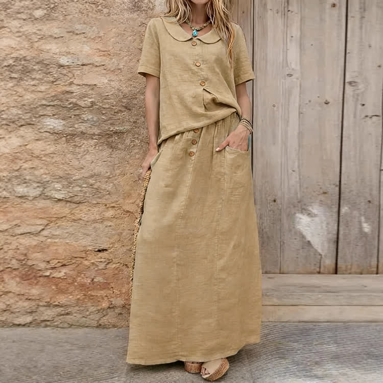 Elegant Solid Buttons Short Sleeve Peter Pan Collar Blouse & Solid Pocket Buttons Skirt Set - Khaki - 3XL - image 4