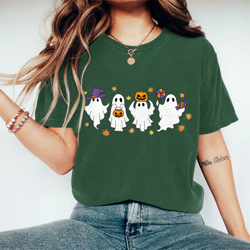 100% Cotton Halloween Dancing Ghost Art Print T-shirt - Dark Green - 2XL - image 10