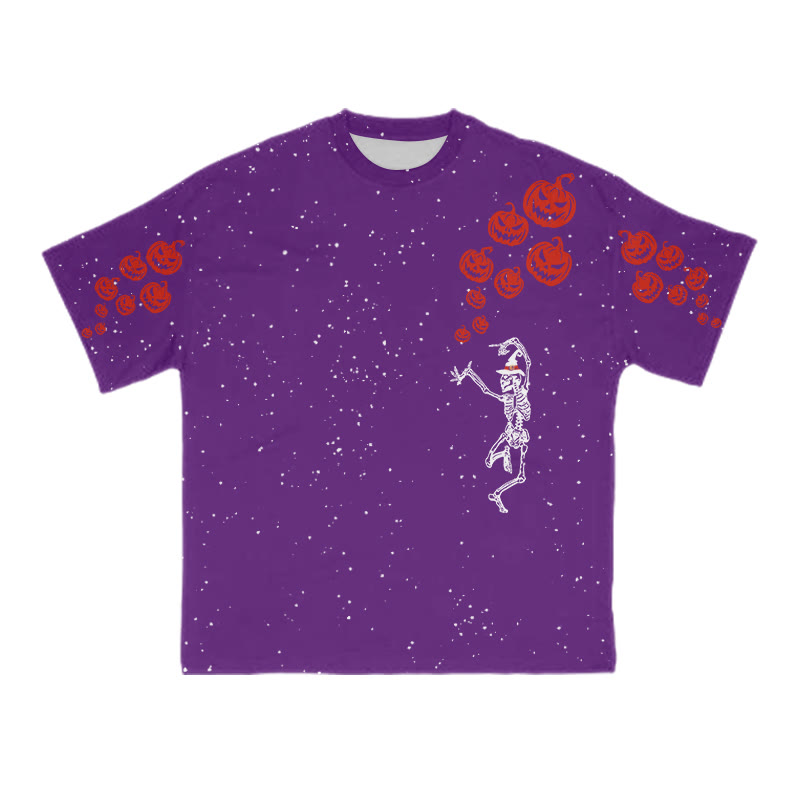 Unisex Dancing Skeleton Pumpkin Halloween Print T-shirt - Purple - 8XL - image 8