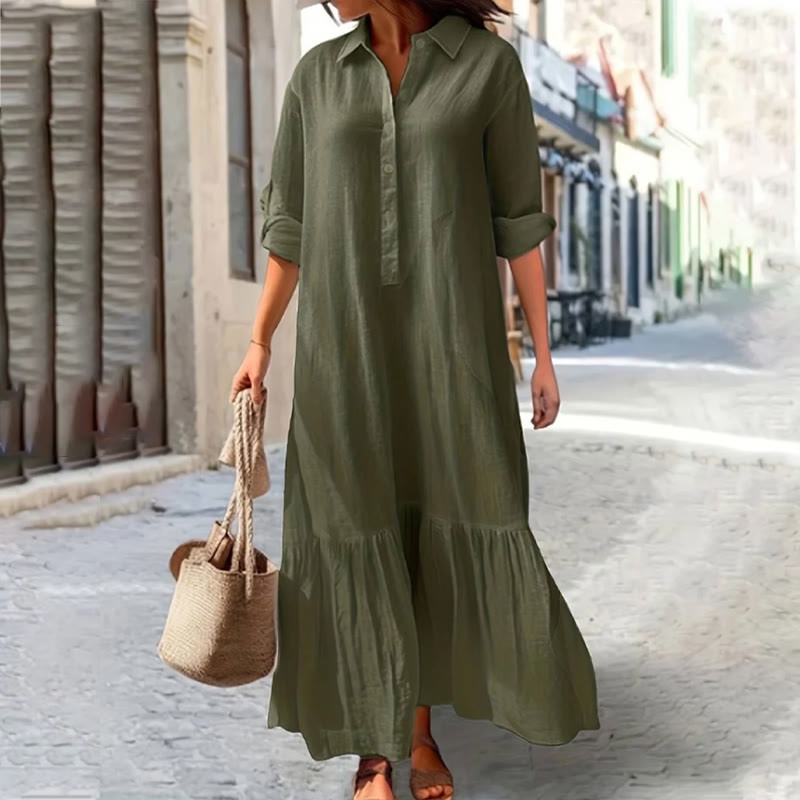 Beach Elegant Solid Shirt-collar Button-front 3/4 Sleeve Maxi Dress - Army Green - 5XL - image 7