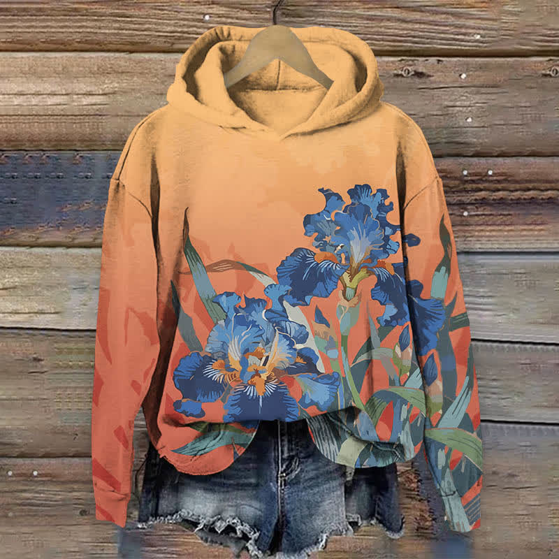 Japanese Vintage Van Gogh Iris Floral Print Long Sleeve Hoodie - Orange - US44-46(8XL) - image 2