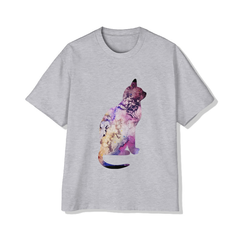 Unisex Colorful Floral Cat Print Short Sleeved Crew Neck T-shirt - Grey - 2XL - image 4