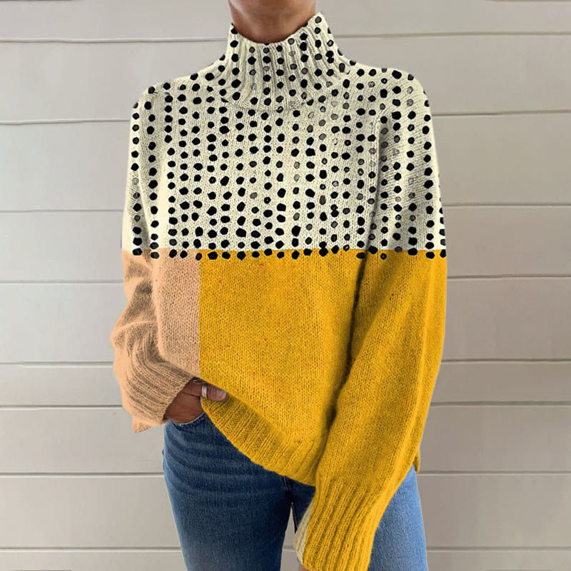 Yellow Color-blocked Dots Print Knit Turtleneck Pullover Sweater - image 2