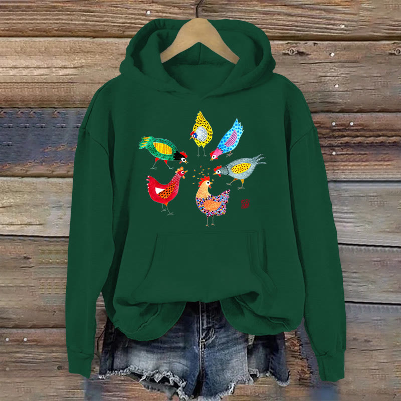 100% Cotton Watercolor Chicken Print Women's Hoodie - Green - 2XL - image 5