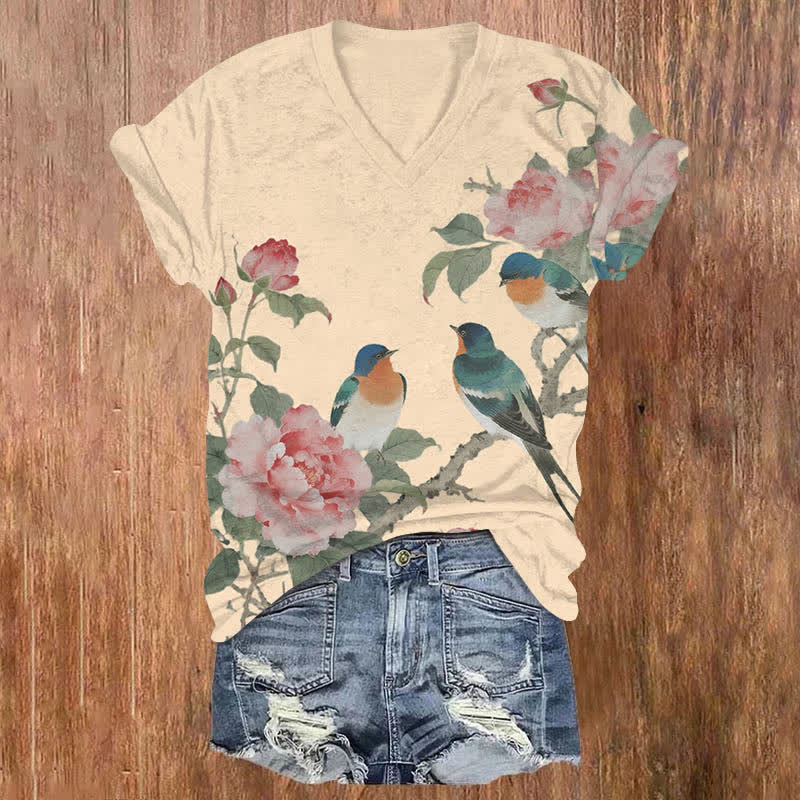 Vintage Rose Blossom & Bird Art Print V-neck T-shirt - Apricot - US32-34(5XL) - image 6