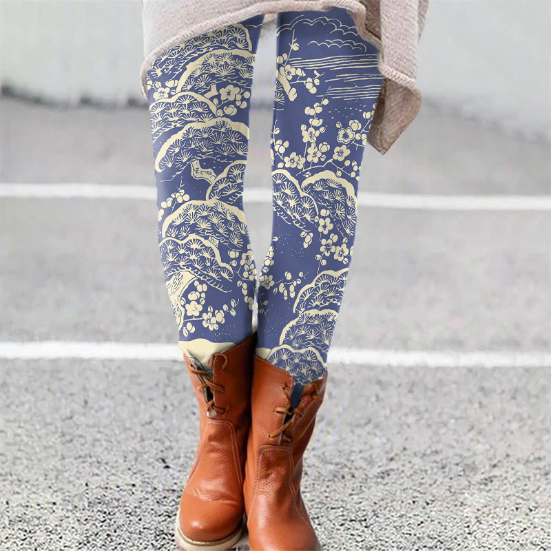 Women's Japanese Art Plum Blossom Art Print Leggings - Blue - 5XL - image 5