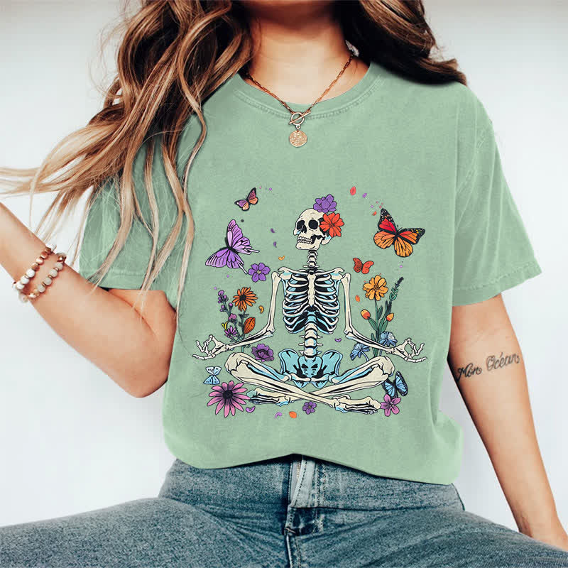 100% Cotton Women's Halloween Skeleton Man Surrounded By Flower & Butterfly Art Print Casual T-shirt - Green - 2XL - image 10