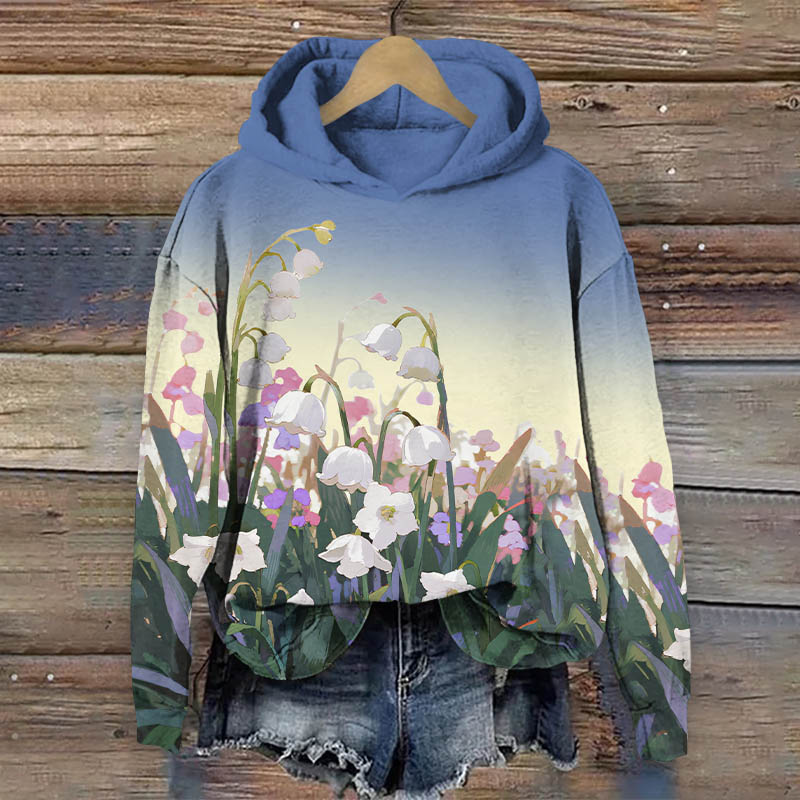 Ombre Campanula Blossom Art Print Long Sleeve Hoodie - Blue - US44-46(8XL) - image 4