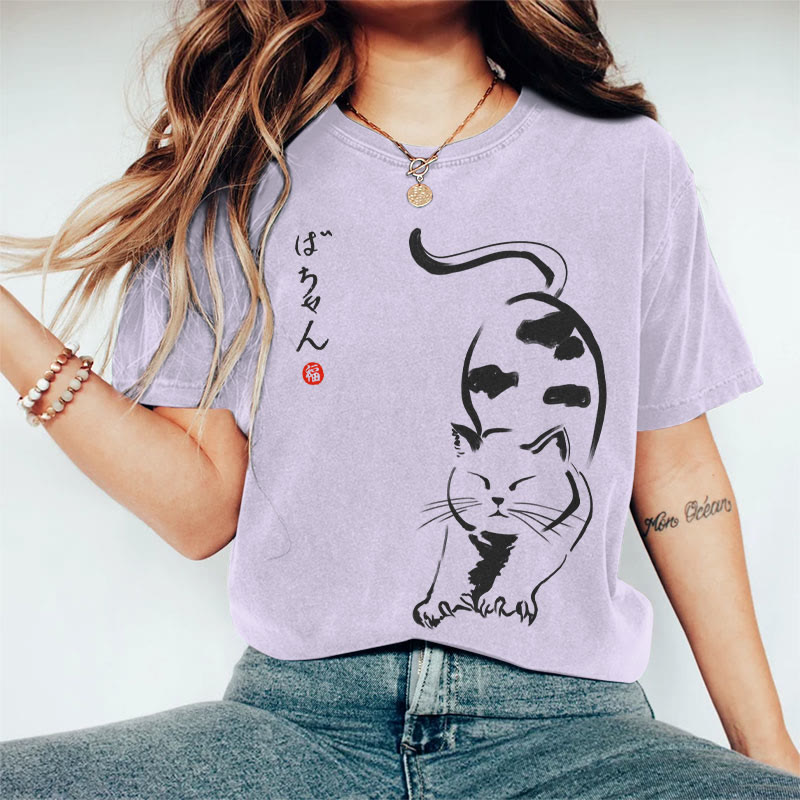 100% Cotton Women's Japanese Stretching Cat Art Print Casual T-shirt - Purple - 2XL - image 4