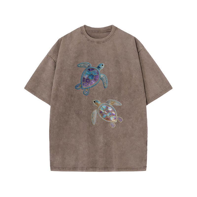 Creative Gemstone Sea Turtle Print Acid Washed T-shirt - Coffee - US20-22(3XL) - image 3