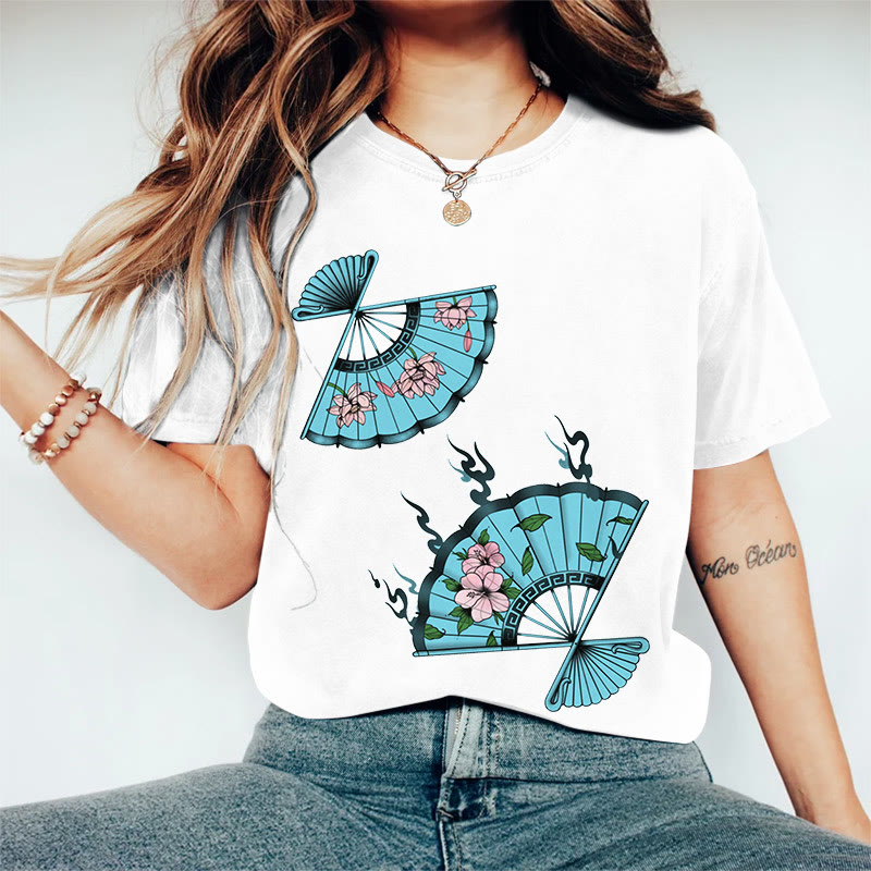 100% Cotton Women's Japanese Style Flower Fan Art Print Casual T-shirt - White - 2XL - image 6