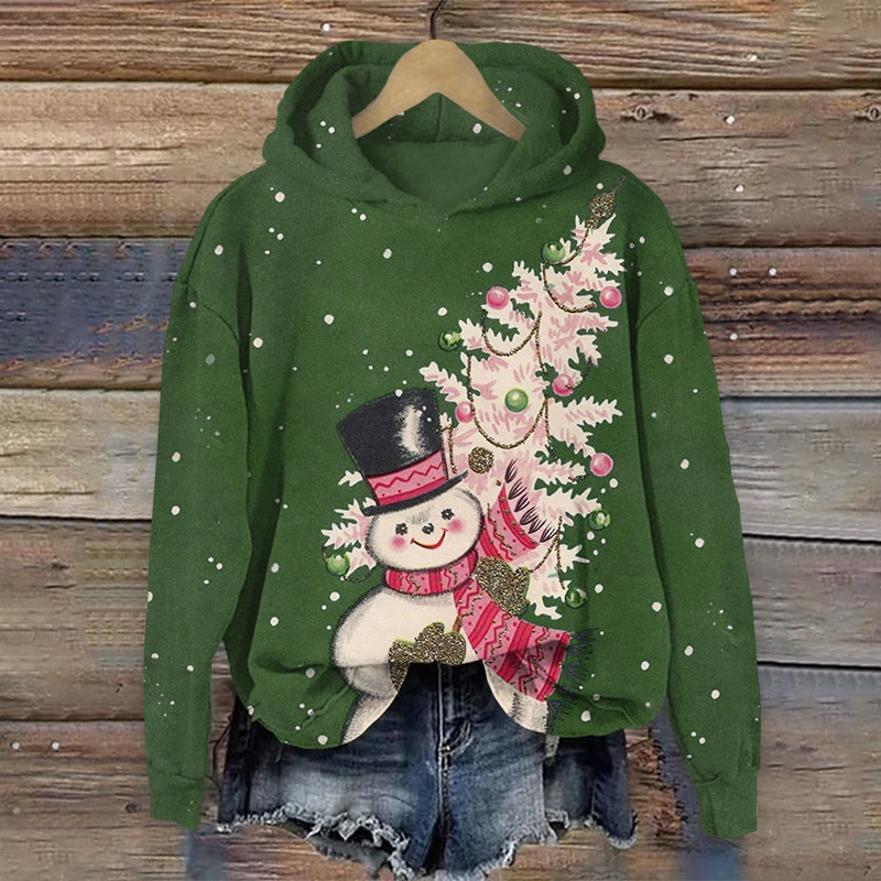 Vintage Christmas Snowman With Christmas Tree Print Long Sleeve Hoodie - Dark Green - US44-46(8XL) - image 4