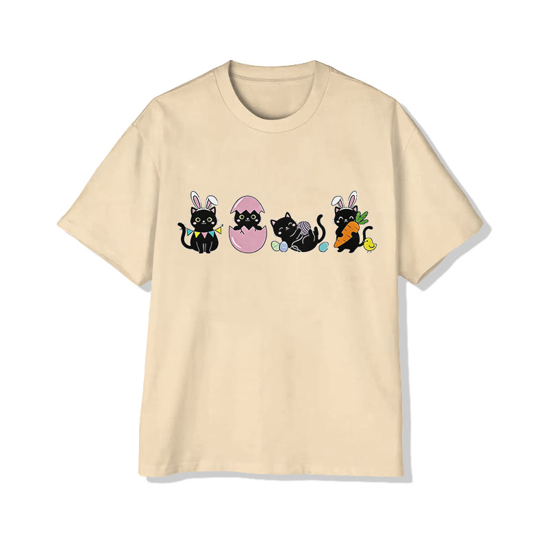 Easter Black Cats Print Pattern Cotton Print T-shirt - Apricot - US16-18(2XL) - image 3