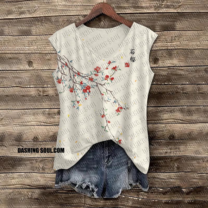 Dashingsoul Women's Japanese Art Floral Vintage Print V-neck Tank Top