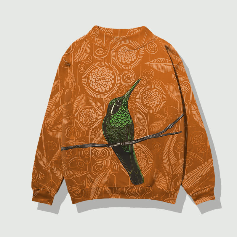 Vintage Geometric Flowers And Birds Pattern Print Mock Neck Sweatshirt - Orange - 4XL - image 5